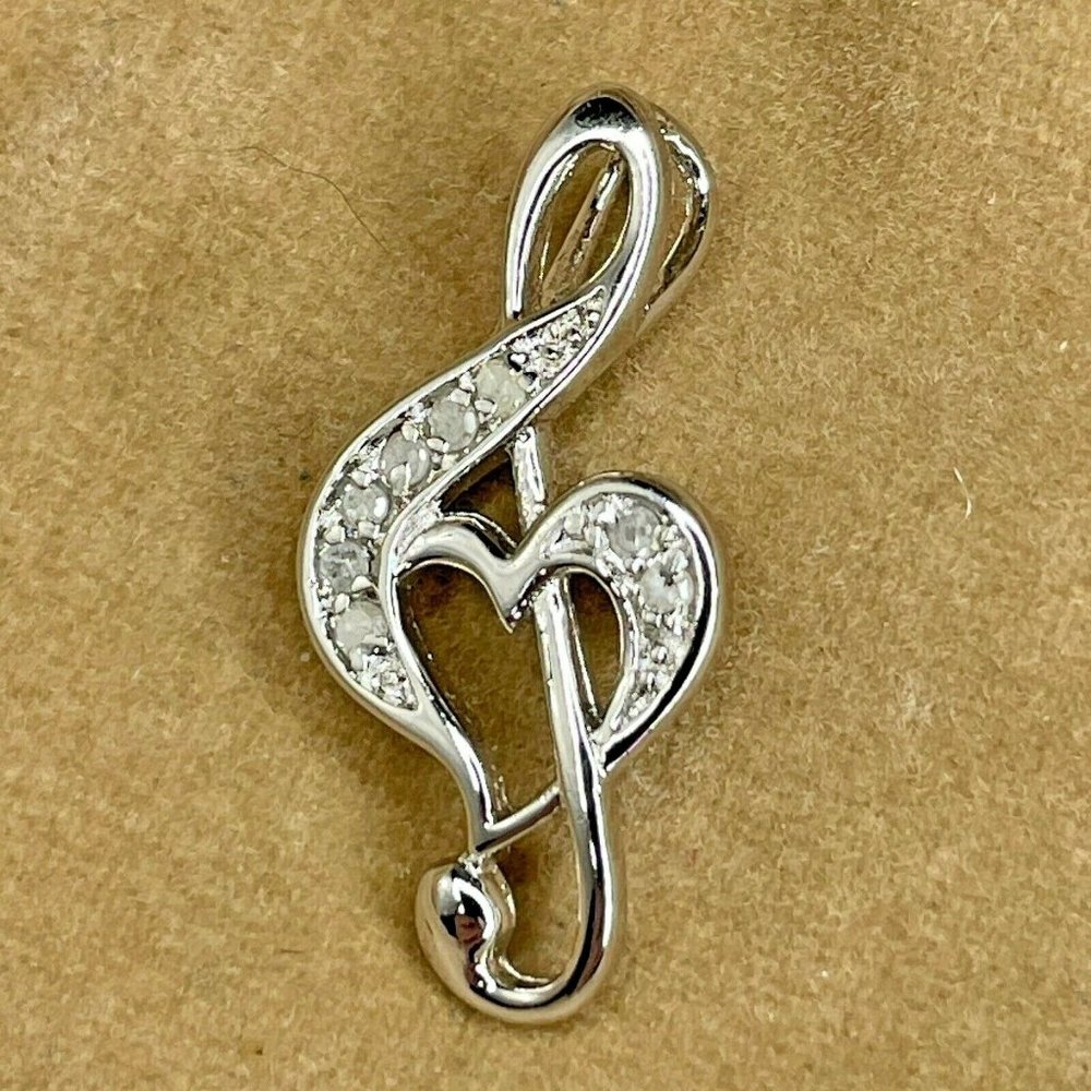 Vintage 925 Sterling Silver Rhinestone Treble Clef Design Pendant Marked MO
